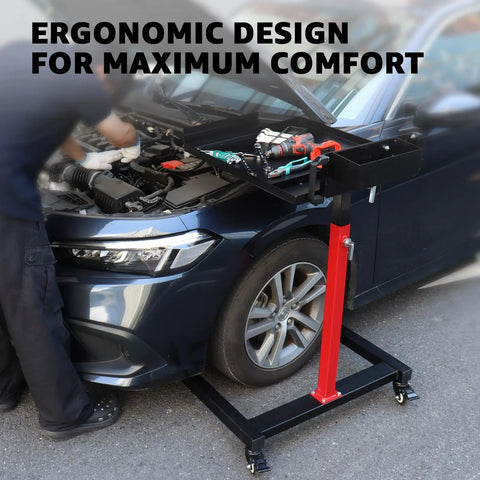 Adjustable Mobile Work Table 32 To 50 Inches Height And Angle Adjustable near a car, holding tools, in a garage setting.