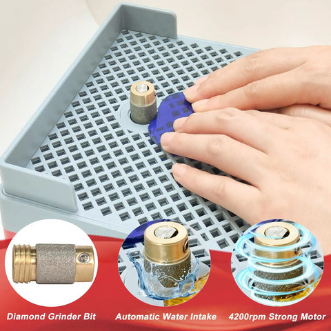 Hands using Cordless Rechargeable Stained Glass Grinder For Art Projects with diamond bit and water feed system.