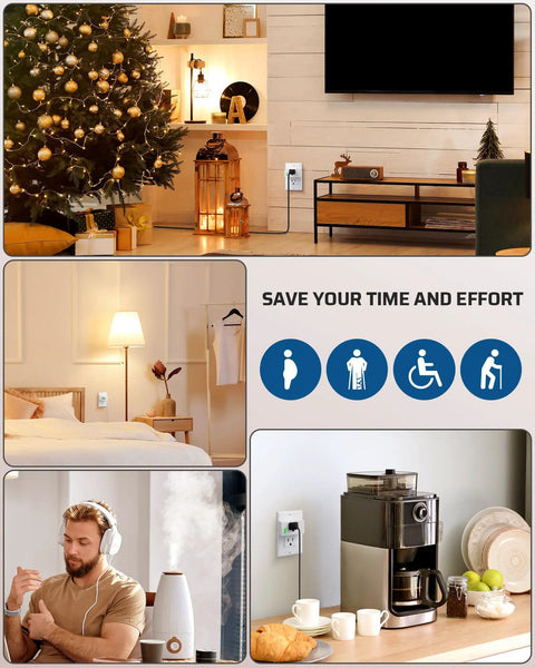 Living room with Long Range Remote Control Outlet Kit, Christmas tree, and smart home devices in use
