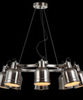 Nickel Modern Eight Light Industrial Wagon Wheel LED Chandelier For Your Kitchen Island Loft Dining Room With Metal Shades And Killer Energy Saving Bulbs Included, front view
