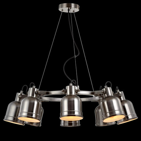 Nickel Modern Eight Light Industrial Wagon Wheel LED Chandelier For Your Kitchen Island Loft Dining Room With Metal Shades And Killer Energy Saving Bulbs Included, front view