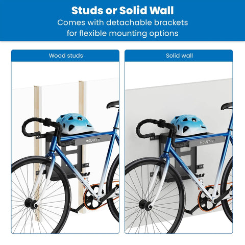 Bike Wall Mount Rack With Shelf And Hooks For Indoor Garage or Home showing installation on wood studs and solid wall.