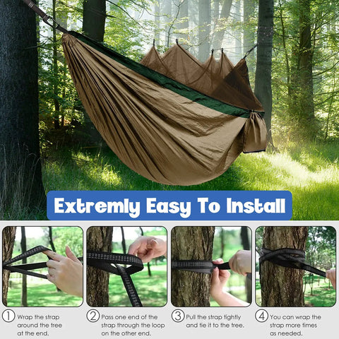 Cozy Double Camping Hammock With Bug Net For Outdoors Hiking and Travel built tough showing khaki color setup in trees