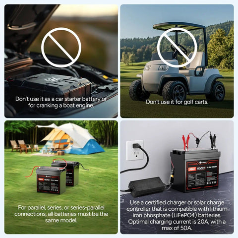 Compact 12V 100Ah LiFePO4 Battery That Fits In Tight Spots in various setups; golf cart, tent, and charging station.