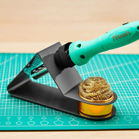 Premium Soldering Iron Holder With Brass Coil Tip Cleaner Kit No Water Needed Black Heavy Duty Stand displayed on a workbench