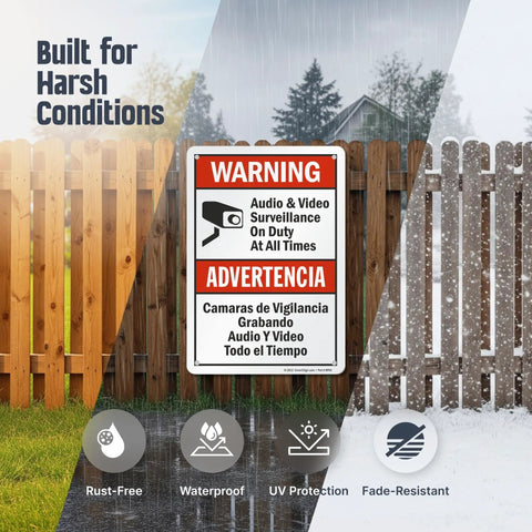 Warning Audio And Video Surveillance Sign On Duty At All Times Bilingual 7x10 Aluminum Outdoor Sign in all weather conditions.