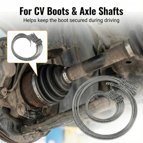 Universal Adjustable Stainless Steel CV Boot Clamp Kit 12 Piece Set with heavy duty clamps securing a CV boot on an axle shaft.