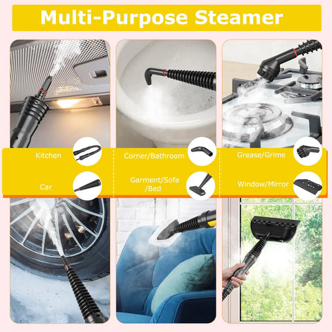 Image showing Heavy Duty Handheld Steam Cleaner 1050W Portable Household Steamer in various cleaning scenarios for versatile use.