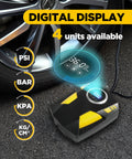 Heavy Duty Portable Air Compressor For Daily Drivers With Crisp Digital Pressure Gauge And Auto Shutoff Plus Bright Emergency Led Light Plug And Play Car Tire Pump No Sweat Fast Inflate Kit showing digital gauge reading with tire nearby.