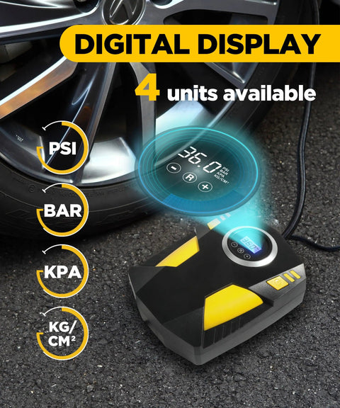 Heavy Duty Portable Air Compressor For Daily Drivers With Crisp Digital Pressure Gauge And Auto Shutoff Plus Bright Emergency Led Light Plug And Play Car Tire Pump No Sweat Fast Inflate Kit showing digital gauge reading with tire nearby.