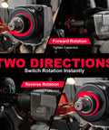 Badass 3/4 Inch Drive Air Impact Wrench Delivering Straight Up 1100 Ft Lbs Max Torque showing forward and reverse rotation features.