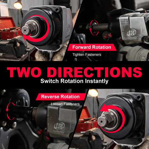 Badass 3/4 Inch Drive Air Impact Wrench Delivering Straight Up 1100 Ft Lbs Max Torque showing forward and reverse rotation features.