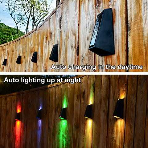 Top: Solar RGB Wall Lights For Outdoors Waterproof Fence And Stair Lighting 7 Color Changing LED Pathway Patio Garden Lights Auto Or Steady Color Modes Perfect For Backyard Garage Yard 8 Pack in daylight. Bottom: Lights illuminated at night in various colors on wooden fence.