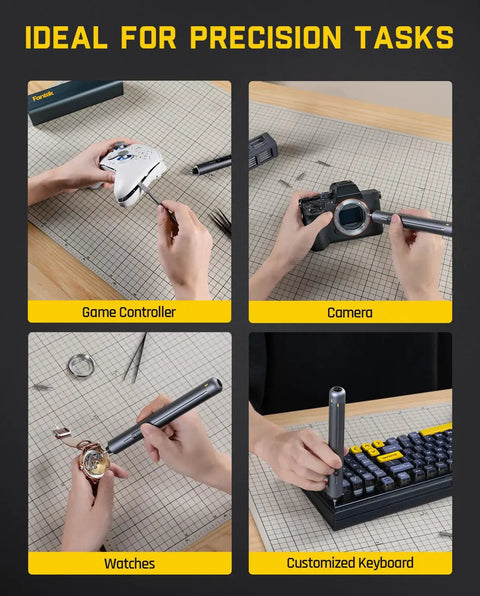 Hands using Slick Grip Cordless Electric Screwdriver Set With Heavy Duty Motor And Three Torque Modes For Fast Electronics Repair No Hassle on game controller, camera, watch, and keyboard.