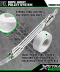 Beefy Heavy Duty 2000 Lb Rope Hoist With 50 Ft Soft Loop Poly Rope, showing metal wheels, bearings, and safety hooks.