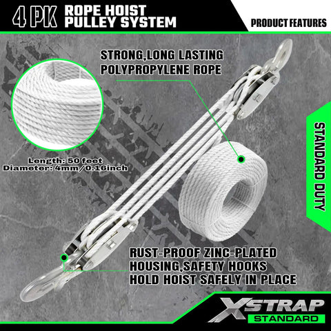 Beefy Heavy Duty 2000 Lb Rope Hoist With 50 Ft Soft Loop Poly Rope, showing metal wheels, bearings, and safety hooks.