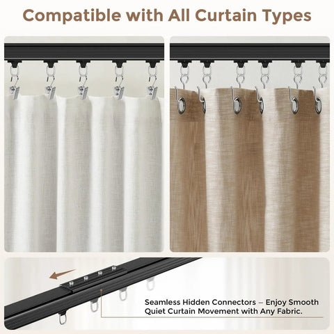Heavy Duty Ceiling And Wall Mount Curtain Track System For 6 To 9 Ft Black Finish With Quiet Glide Rollers, compatible with all curtains.