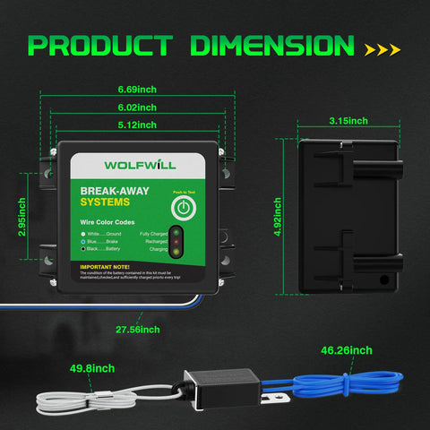 Dimensions of Trailer Breakaway Kit With Built In 12V 5Ah Battery including control box, cable, and mounting plate