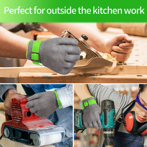 Level 9 Cut Resistant Kitchen Glove For Meat Prep And Oyster Shucking, Tough As Nails, Food Grade Stainless Steel Mesh Safety Glove, Machine Washable, Reusable, Large Size For Mandoline And Woodworking in use for carpentry.