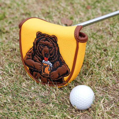 Beer Bear Golf Club Head Cover For Driver, Fairway Wood, Hybrid And Mallet Putter-Embroidered beer bear on grass with golf ball