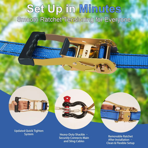 Close-up of 160Ft Backyard Zip Line Kit quick tighten tools with blue ratchet and heavy-duty shackle for setup.