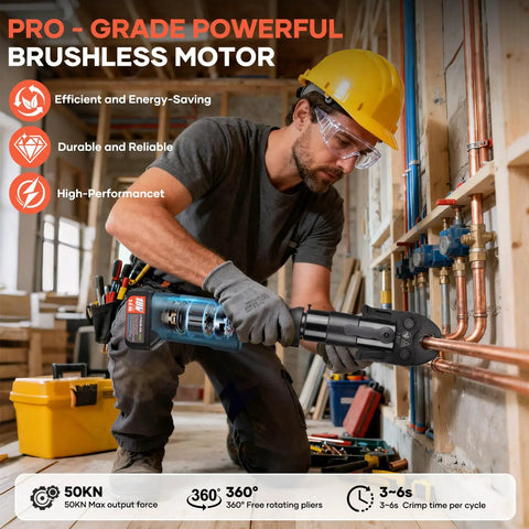 Straight Up Knockout Cordless Pro Press Copper Crimper Tool Featuring Brushless Motor And Fluid 360 Swivel Head packed with four jaw sizes, used by a plumber.