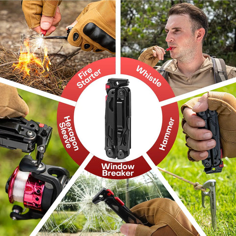 27 In 1 Multitool With Needle Nose Pliers, Screwdrivers, Fire Starter And Self Locking EDC Gear being demonstrated in different actions.