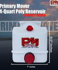 Front view of 4 Quart Poly Hydraulic Replacement Reservoir for Power Units and Heavy Duty Systems, marked with dimensions and logo.