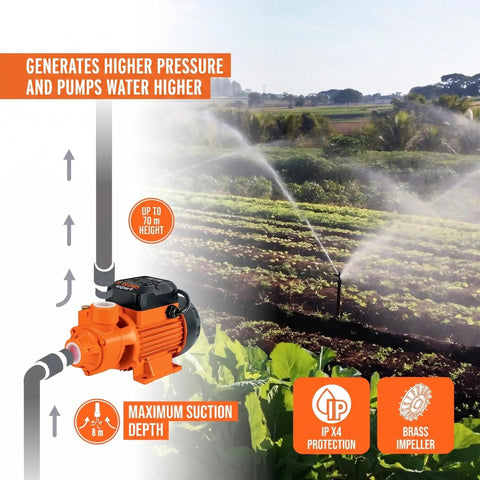 1 HP Electric Peripheral Water Pump With High Pressure Transfer Capabilities Beefy Brass Impeller irrigating a field.