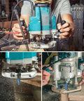 Upcut spiral router bit with 1/2 in shank mounted in a blue router in a wood shop.