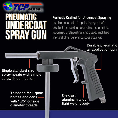 Built Tough Pneumatic Undercoating Spray Gun And Auto Rust Proofing Applicator With Smooth Texture Control For Truck Bed Liners and Top Shelf Chip Defense Upgrades, showing nozzle and aluminum body.
