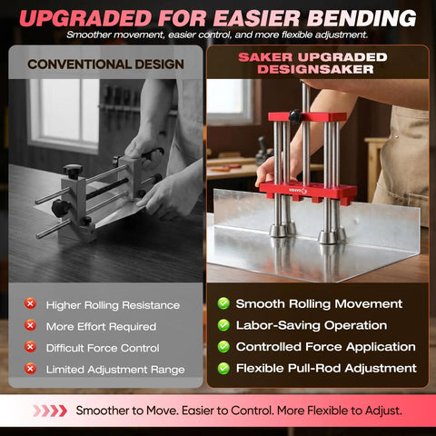 Comparison of a conventional and upgraded two station sheet metal bender roller tool showcasing smoother movement and flexibility.