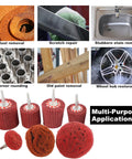 7 Piece Non-Woven Abrasive Buffing Wheel Set For Drill With One Quarter Inch Shank shown in various applications.