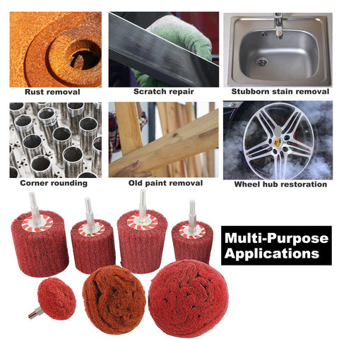 7 Piece Non-Woven Abrasive Buffing Wheel Set For Drill With One Quarter Inch Shank shown in various applications.
