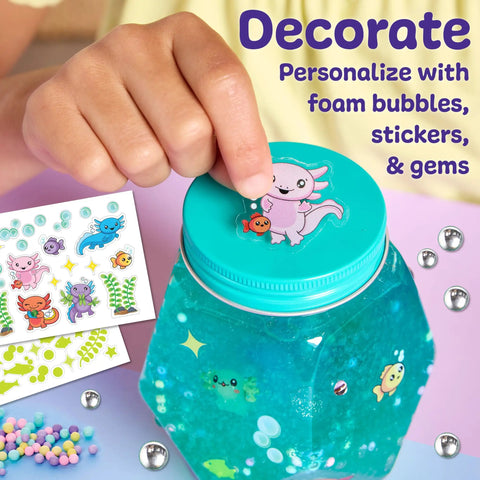 Totally Glowing Axolotl Aquarium Craft Kit For Kids Ages 6 And Up With Five Mini Axolotls, glow jar with sticker sheet