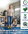 Woman wearing Epoxy Shoes With 9 Inch Spiked Roller For Smooth Garage Floors, walking on epoxy-coated floor with two children.