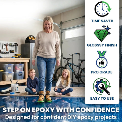 Woman wearing Epoxy Shoes With 9 Inch Spiked Roller For Smooth Garage Floors, walking on epoxy-coated floor with two children.