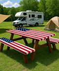 Vintage Patriotic American Flag Picnic Table Cover Set With Bench Covers Waterproof Outdoor Tablecloths For 6 Foot Tables