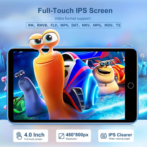 Jam Packed 80GB MP3 Player With Bluetooth And WiFi, 4.0 Inch Screen displaying animated characters on screen.