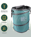 Deluxe Pop Up Trash Can With Zippered Lid Collapsible 29.5 Gallon Bin showing zip closure and collapsible features