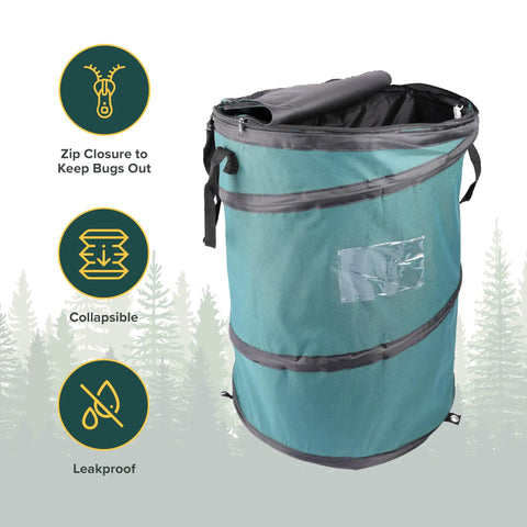 Deluxe Pop Up Trash Can With Zippered Lid Collapsible 29.5 Gallon Bin showing zip closure and collapsible features