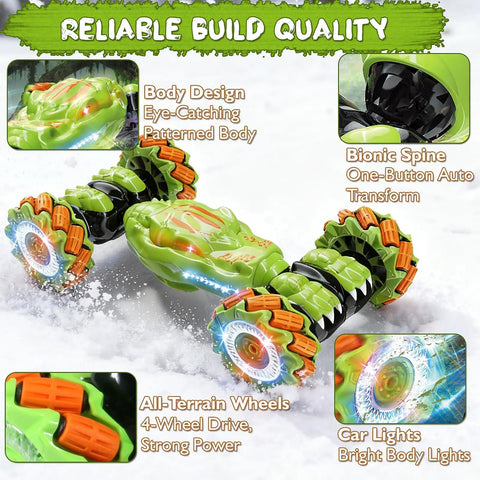 Gesture Sensing RC Stunt Car With Remote And Hand Control, 360 Degree Spin 4WD Off Road Toy details, green body, bright lights