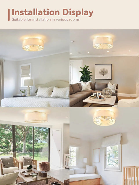 Low Profile Ceiling Fan With Light 20 Inch Boho Rattan Flush Mount Drum Cage in living room and bedroom settings.