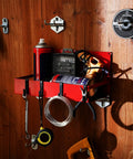Magnetic Garage Organizer Set Three Pack With Heavy Duty Fridge Shelf Trays And Twelve Hooks, 20 Pound Capacity, Red on wood wall.