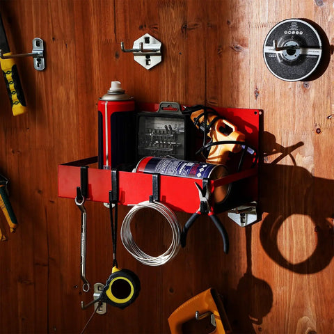 Magnetic Garage Organizer Set Three Pack With Heavy Duty Fridge Shelf Trays And Twelve Hooks, 20 Pound Capacity, Red on wood wall.