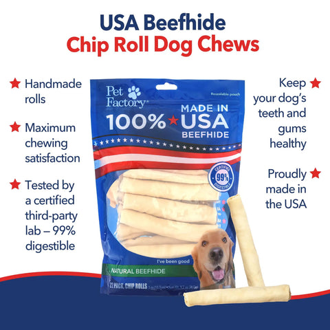 Made In USA Thick Beefhide Chews For Dogs Long Lasting Rawhide Bones Five Inch Chews Pack Of 22 bag with dog chews.