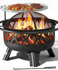 30 Inch Outdoor Fire Pit With Spark Screen And Grill featuring a portable wood burning patio heater for outside backyards, dual function fire pit and grill combo visible with a rotating grill and glowing flames underneath, perfect for cozy campfire vibes.