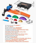 Copper And Aluminum Tubing Bender Kit One Quarter Inch To Seven Eighths Inch With Ratcheting Workhorse Pipe Bender Forward And Reverse Action Seven Color Dies For HVAC Air Conditioning Refrigeration, featuring color-coded dies and manual.