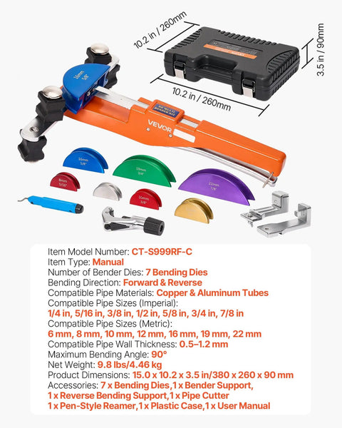 Copper And Aluminum Tubing Bender Kit One Quarter Inch To Seven Eighths Inch With Ratcheting Workhorse Pipe Bender Forward And Reverse Action Seven Color Dies For HVAC Air Conditioning Refrigeration, featuring color-coded dies and manual.