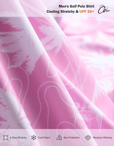 Pink Coconut Beach fabric detail of Mens Golf Polo Shirt Short Sleeve Dry Fit Wicking Collared Polo For Men with pattern.